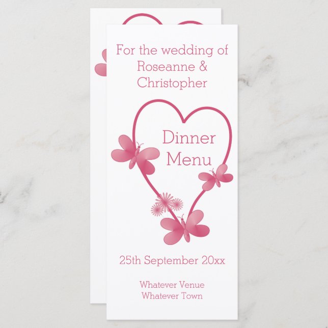 Wedding Menu Pink Heart And Butterflies (Front/Back)