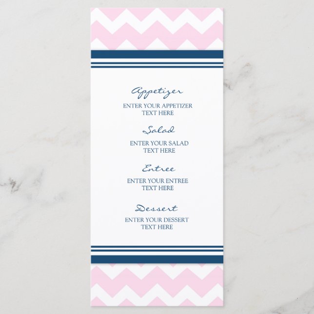 Wedding Menu Pink Navy Blue White Chevron (Front)