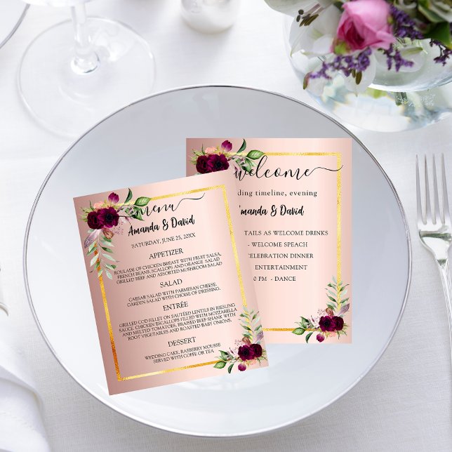 Wedding Menu Program florals burgundy rose gold (Creator Uploaded)