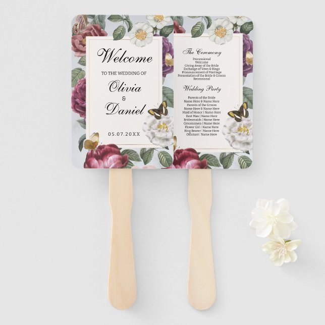 Wedding Menu Programme Bloom Floral Butterfly Hand Fan (Front and Back)