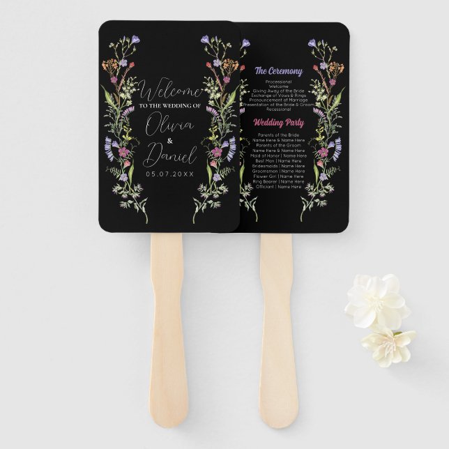 Wedding Menu Programme Wildflowers Floral Dark Hand Fan (Front and Back)