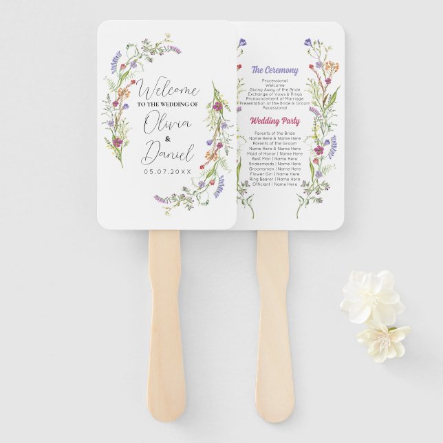 Wedding Menu Programme Wildflowers Floral Hand Fan (Front and Back)