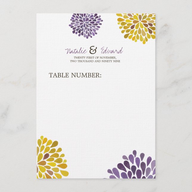 Wedding Menu Purple & Yellow Dahlia Flowers (Front)