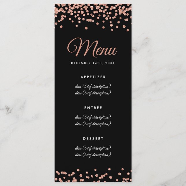 Wedding Menu Rose Gold Faux Glitter Confetti Black (Front)