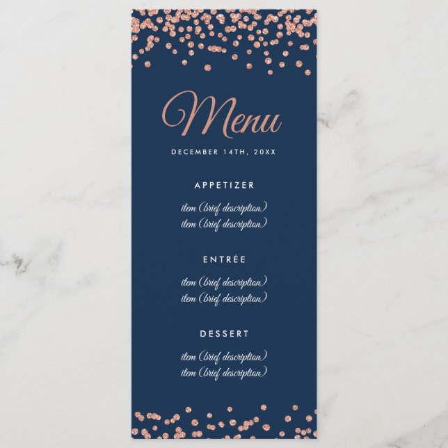 Wedding Menu Rose Gold Faux Glitter Confetti Navy (Front)