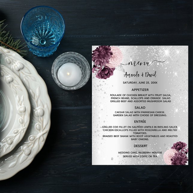 Wedding Menu silver burgundy pink flowers (Creator Uploaded)