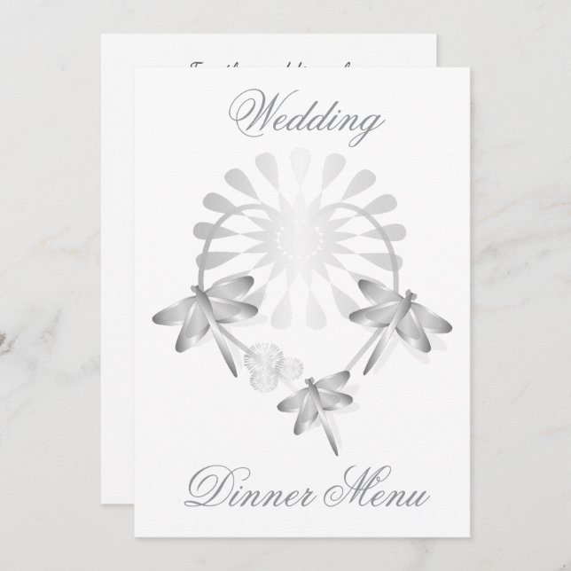 Wedding Menu Silver Dragonflies Heart (Front/Back)