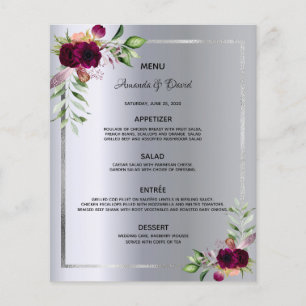 Wedding Menu silver floral burgundy elegant