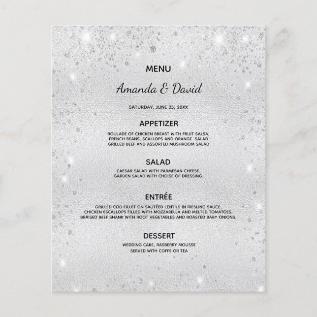 Wedding Menu silver glitter dust photo love story (Front)