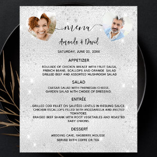 Wedding Menu silver sparkles photo hearts