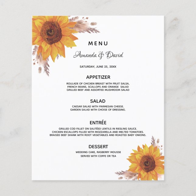 Wedding Menu sunflowers pampas grass  (Front)