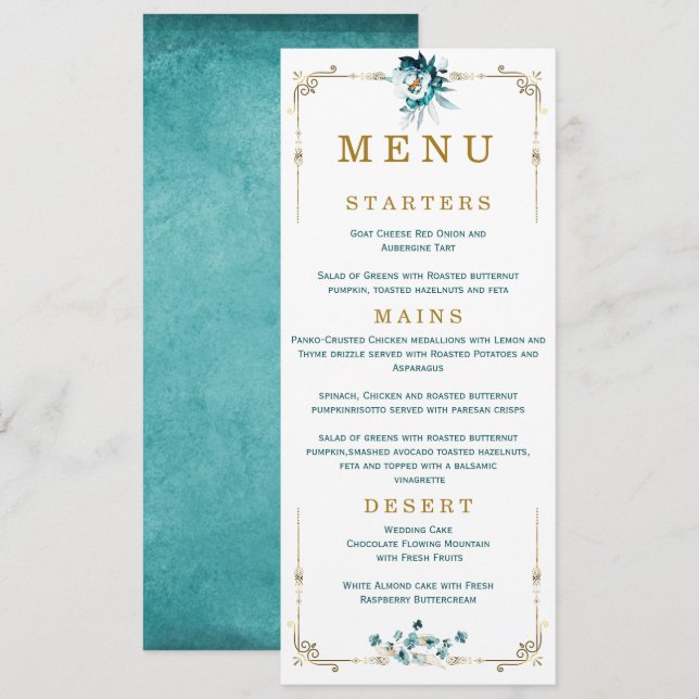 Wedding Menu Teal and Gold Cards (Front/Back)
