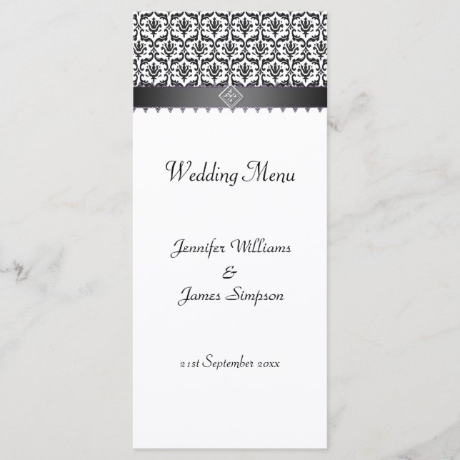 Wedding Menu Template Black and White Damask (Front)