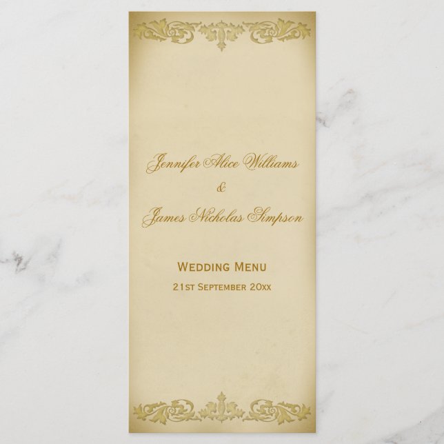 Wedding Menu Template Vintage Leaf Scroll in Beige (Front)