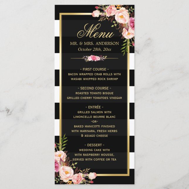 Wedding Menu Vintage Floral Black White Striped (Front)