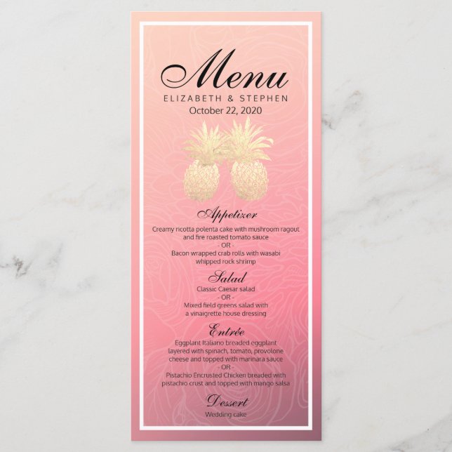 Wedding Menu Vintage Gold Foil Pineapple Couple (Front)