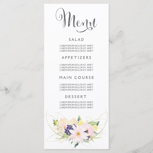 Wedding Menu Watercolor Floral Cards (Front)