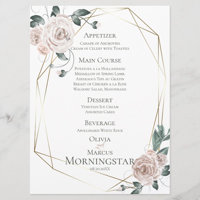 Wedding Menu | Watercolor Pale Blush Pink Floral (Front)