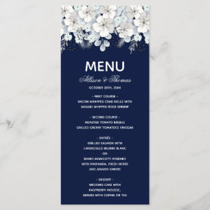 Wedding Menu white flower sakura navy blue
