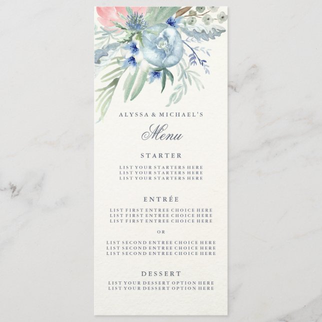 Wedding Menu with Blue and Pink Peonies (Front)
