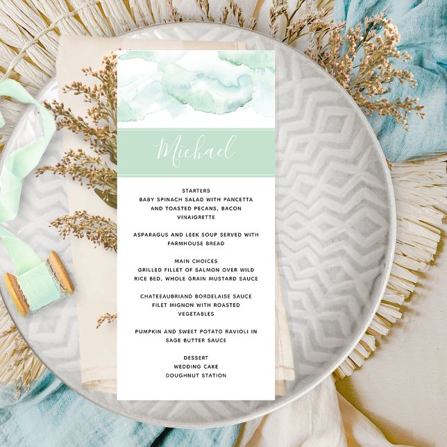 Wedding Menu with Guest Name Pale Green Watercolor (Creator Uploaded)