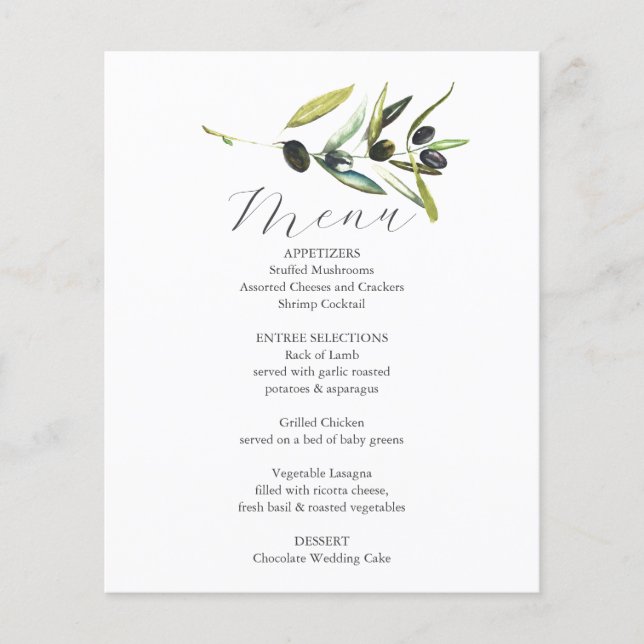 Wedding Menus Elegant Botanical Olive Branch (Front)
