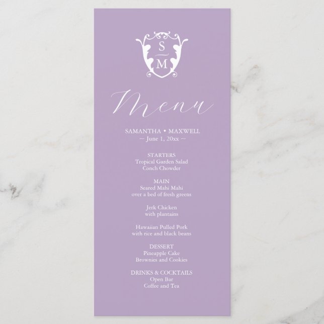 Wedding Menus Simple Monogram Crest Lilac (Front)