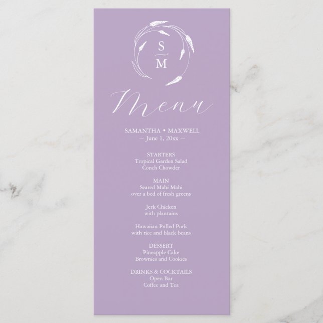 Wedding Menus Simple Monogram Lavender (Front)