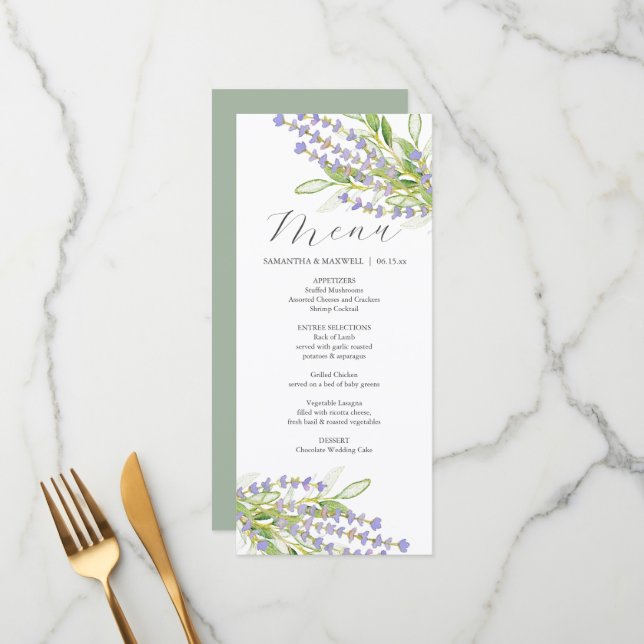 Wedding Menus Watercolor Lavender Flowers (Front/Back In Situ)