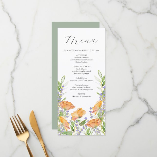 Wedding Menus Watercolor Wildflower Theme (Front/Back In Situ)