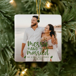 Wedding Merry and Married Christmas Photo Ceramic Ceramic Ornament