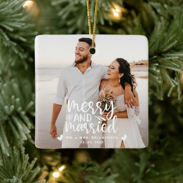 Wedding Merry and Married Christmas Photo Ceramic  Ceramic Ornament (Tree)