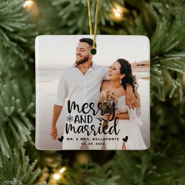 Wedding Merry and Married Christmas Photo Ceramic  Ceramic Ornament (Tree)