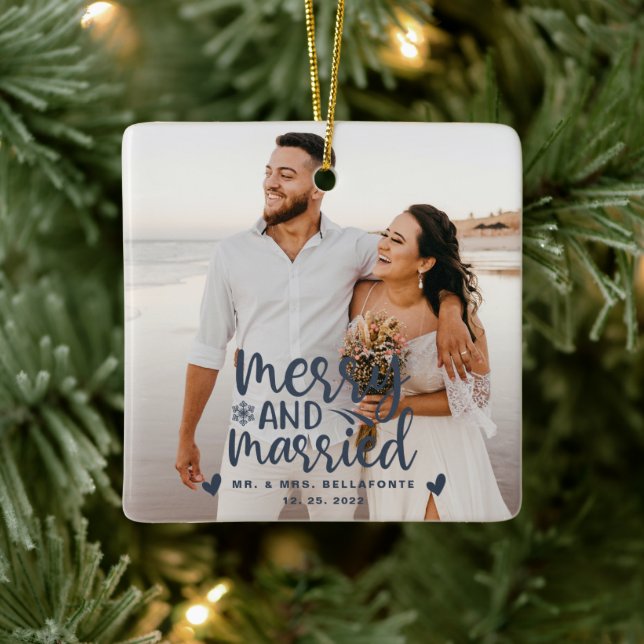 Wedding Merry and Married Christmas Photo Ceramic  Ornament (Tree)