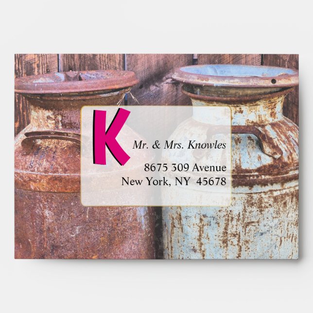 Wedding Milk Cans Vintage Rustic Antique Monogram Envelopes (Front)