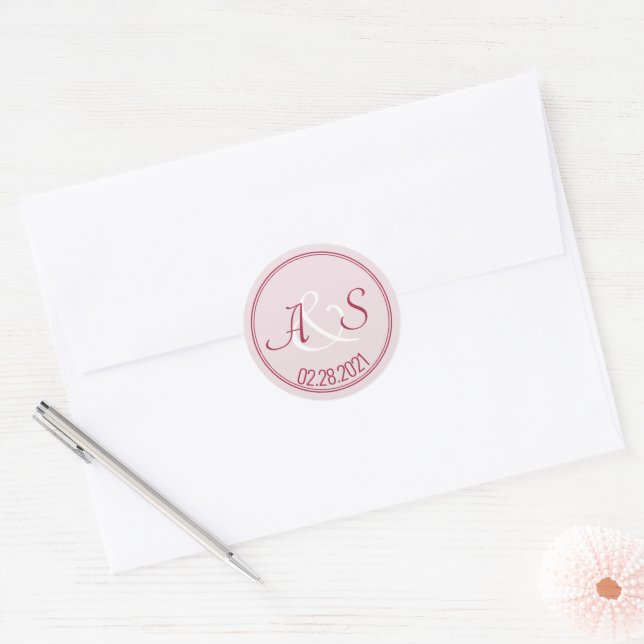Wedding Minimal Classic Initials Date Burgundy  Classic Round Sticker (Envelope)