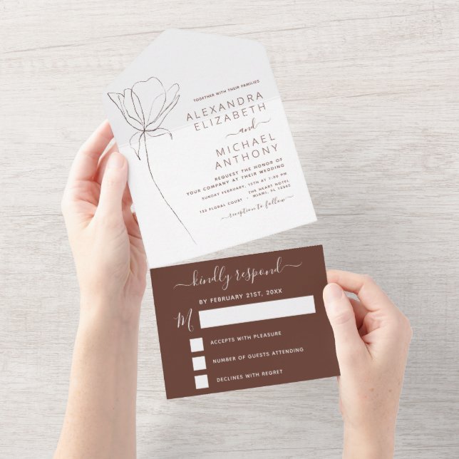 Wedding Minimalist Botanical Floral Line Art All In One Invitation (Tearaway)