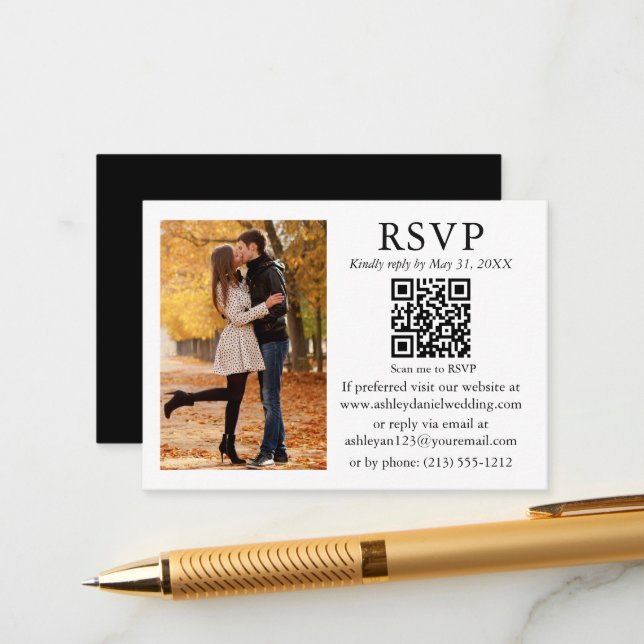 Wedding Minimalist Photo Black White QR RSVP Enclosure Card (Front/Back In Situ)