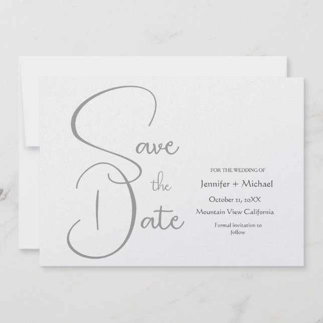 Wedding Minimalist Plain Grey Calligraphy Script Save The Date (Front)