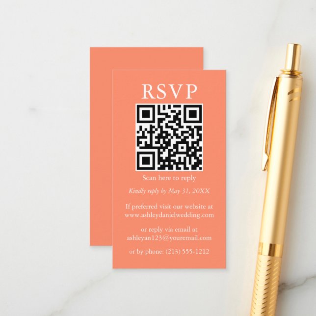 Wedding Minimalist Simple QR RSVP Coral Enclosure Card (Front/Back In Situ)