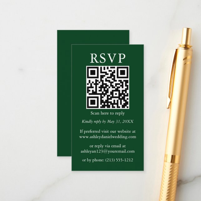 Wedding Minimalist Simple QR RSVP Green Enclosure Card (Front/Back In Situ)