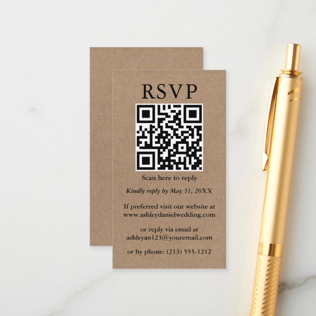 Wedding Minimalist Simple QR RSVP Kraft Enclosure Card (Front/Back In Situ)