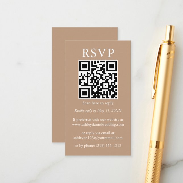 Wedding Minimalist Simple QR RSVP Taupe Enclosure Card (Front/Back In Situ)