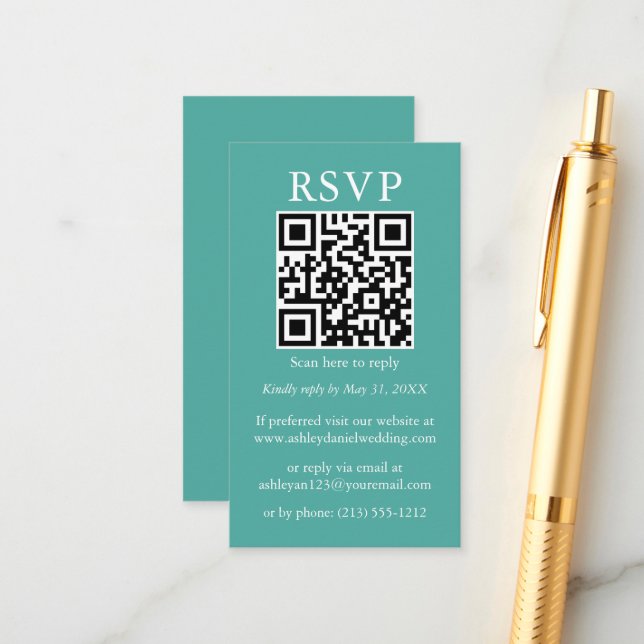 Wedding Minimalist Simple QR RSVP Teal Enclosure Card (Front/Back In Situ)