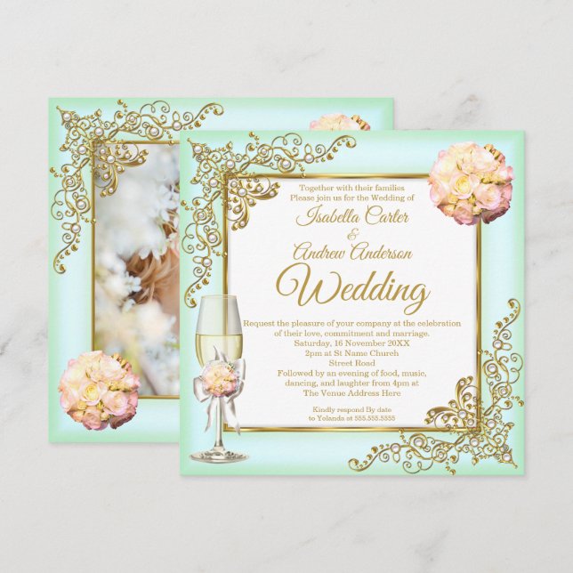 Wedding Mint Coral Champagne Gold Pearl Photo  Invitation (Front/Back)