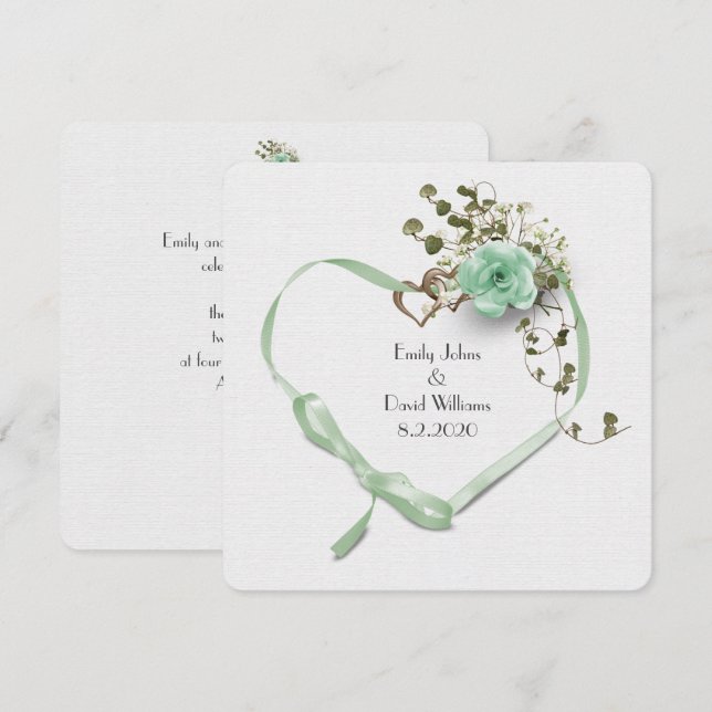 wedding mint green ribbon heart and rose bouquet invitation (Front/Back)