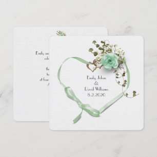 wedding mint green ribbon heart and rose bouquet invitation