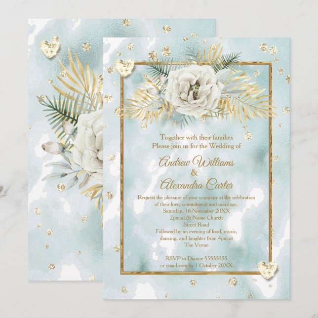 Wedding Mint Teal Gold marble Rose Floral Invitation (Front/Back)