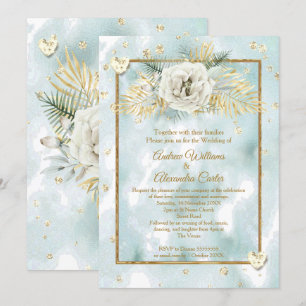 Wedding Mint Teal Gold marble Rose Floral Invitation