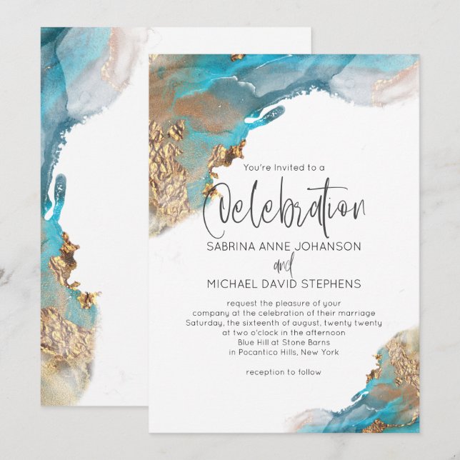 Wedding  Modern Abstract Aqua Gold Marble Invitation (Front/Back)